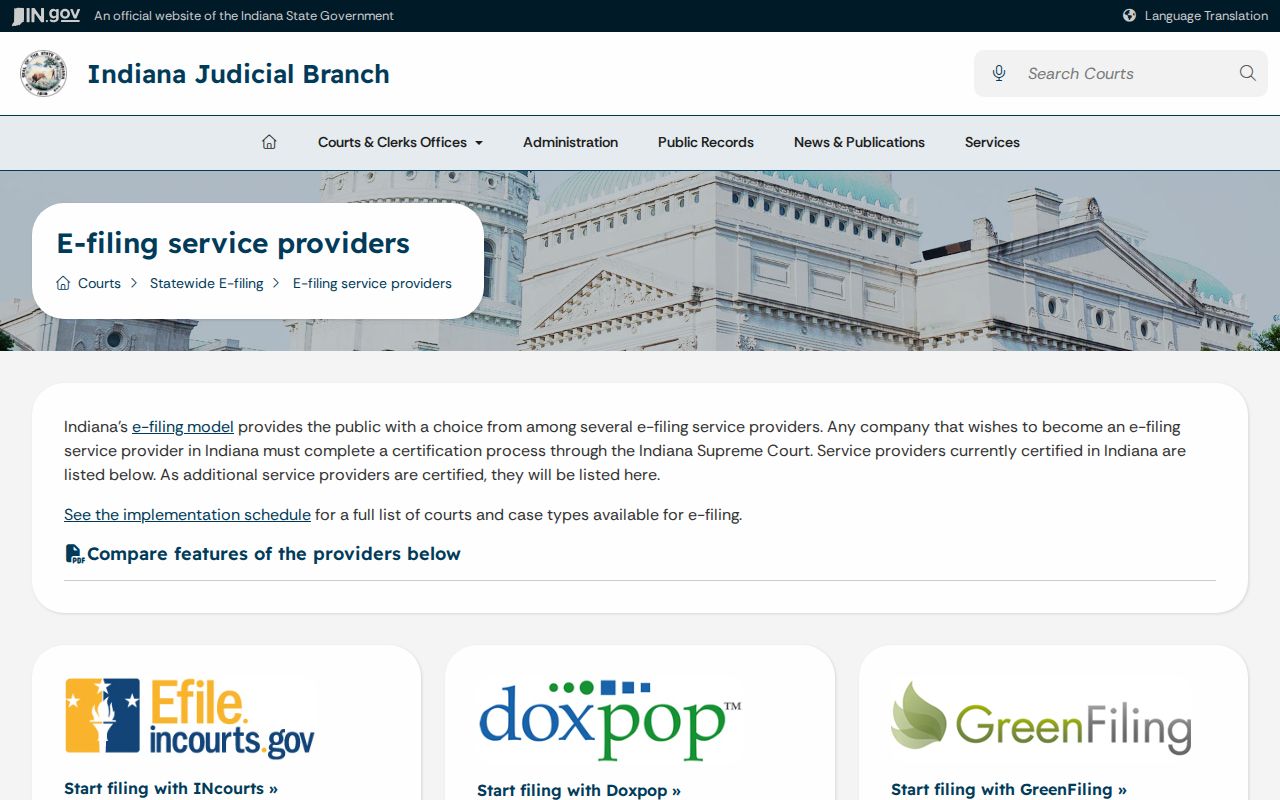 Switzerland County civil docket certified e-filing providers