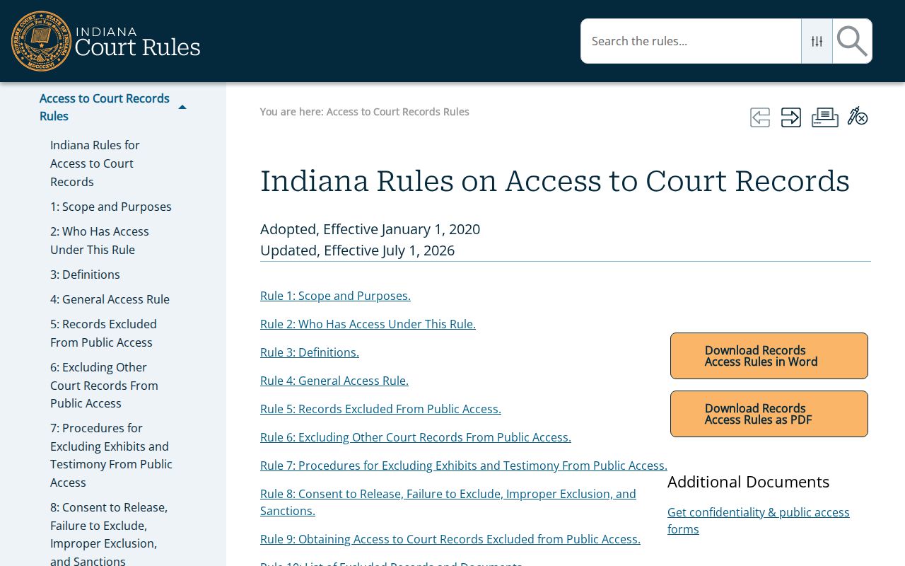 Indiana court record rules relevant to the Switzerland County court calendar