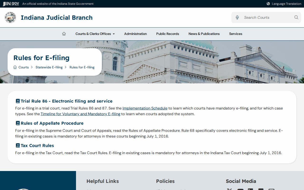Indiana e-filing rules affecting Switzerland County court schedule entries