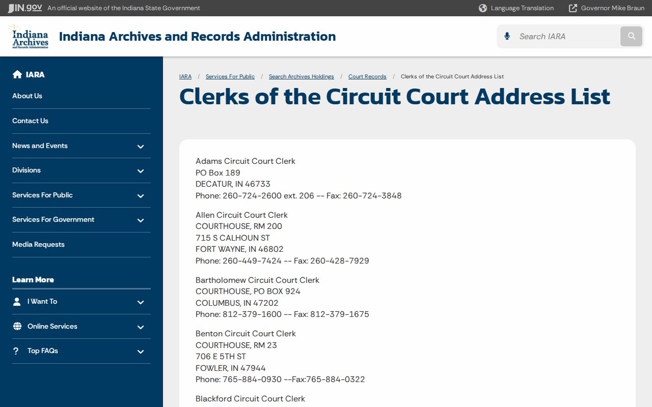 Patriot court records Indiana circuit clerk archive list